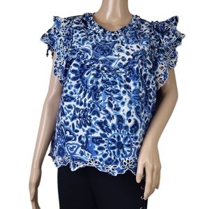 HOUSE OF HARLOW 1960 Top Melba Blue Eyelet Flutter Sleeve M